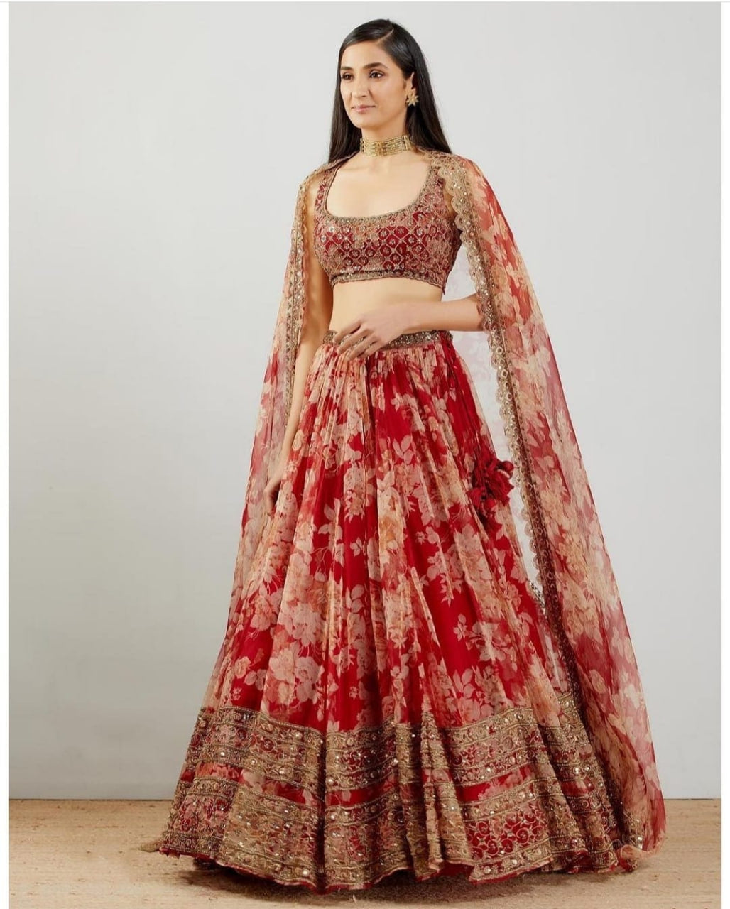 Buy Red faux georgette wedding designer lehenga choli at