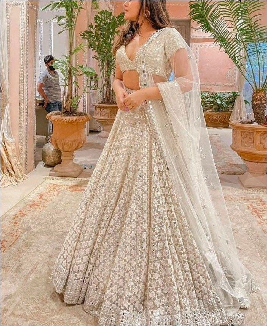 Elegant Cream Lehenga Choli with Exquisite Cotton Thread-Sequence and Foil Mirror Embroidery