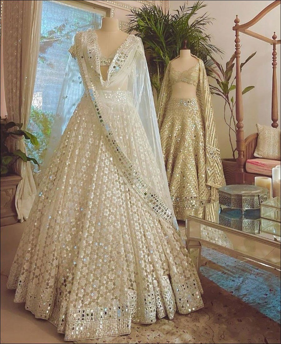 Elegant Cream Lehenga Choli with Exquisite Cotton Thread-Sequence and Foil Mirror Embroidery