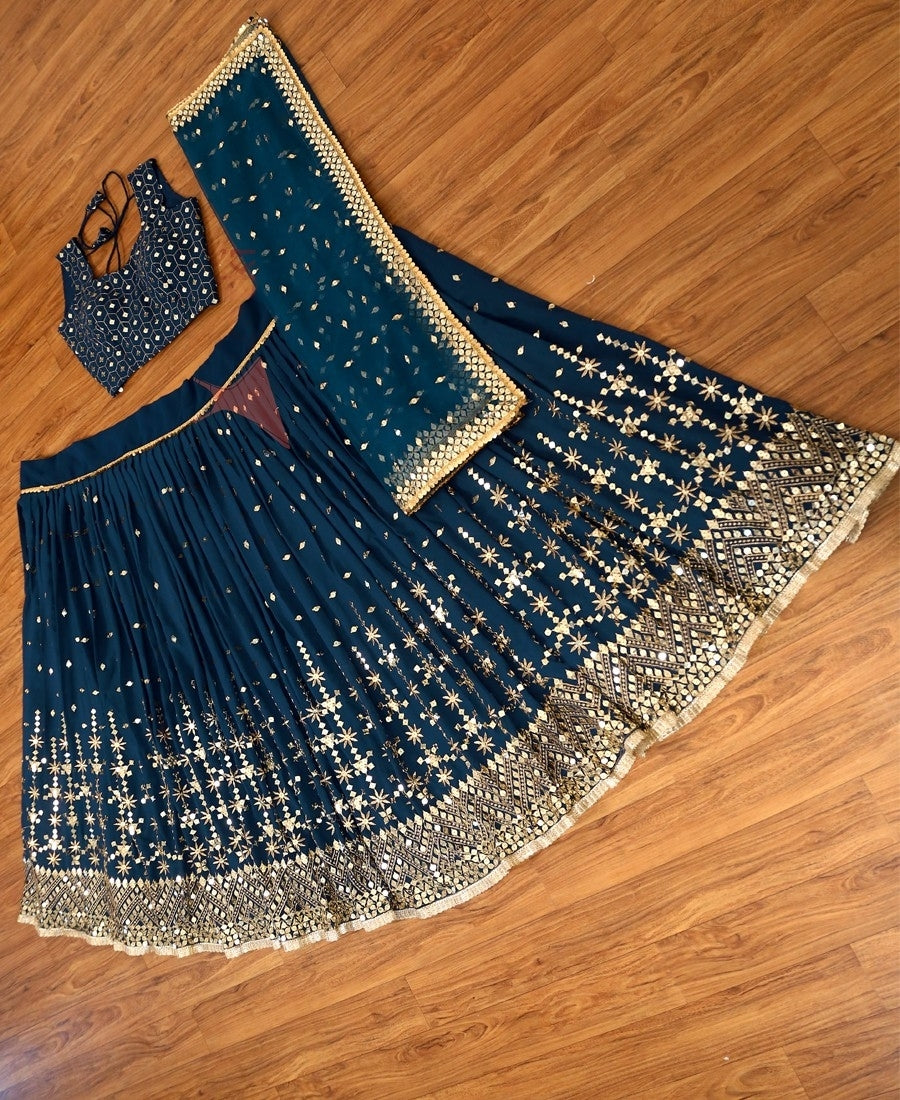 Elegant Blue Lehenga Choli Adorned with Exquisite Multi-Thread-Sequence Work