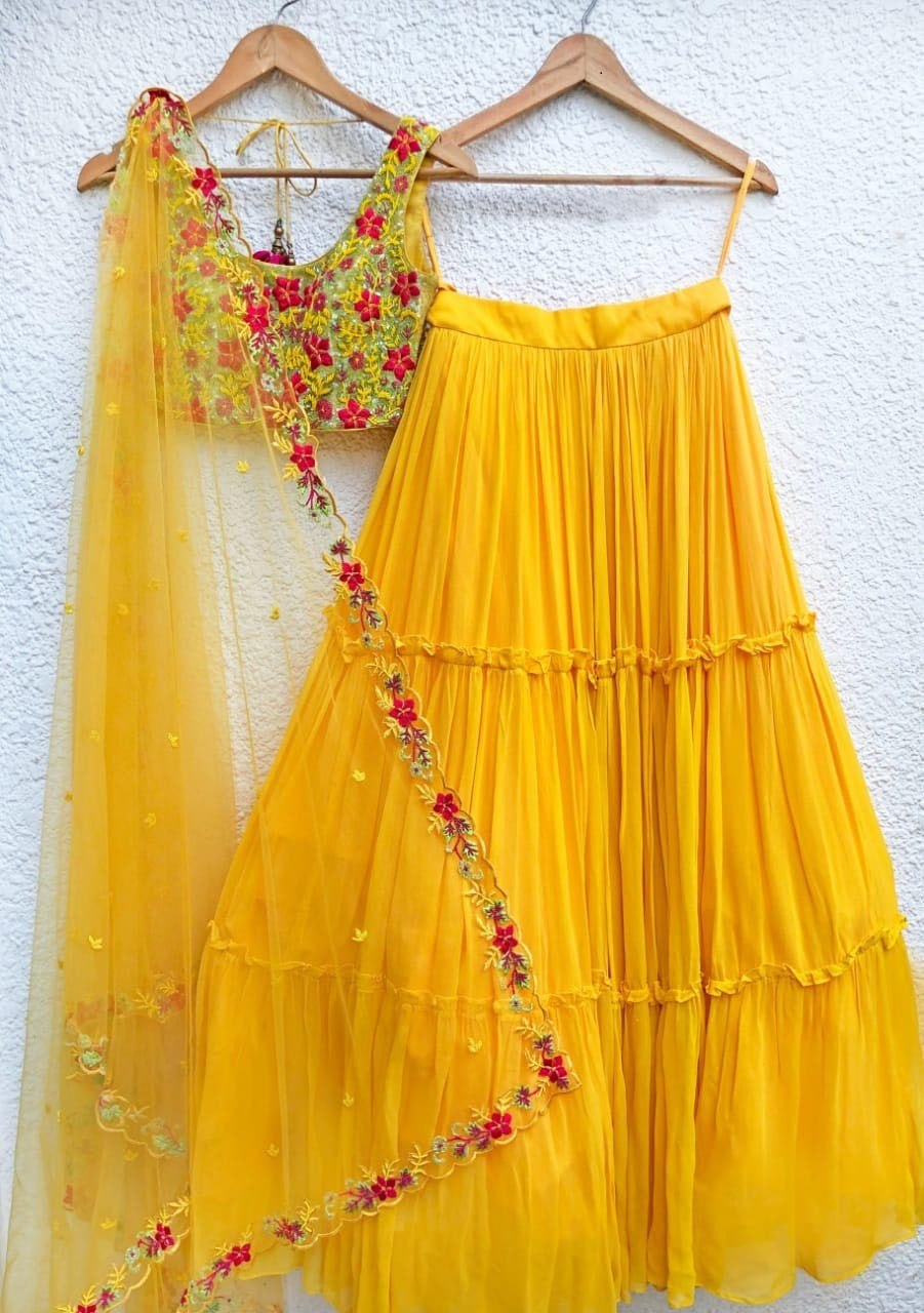 Elegant Yellow Lehenga Choli with Intricate Multi-Thread Sequence Embroidery