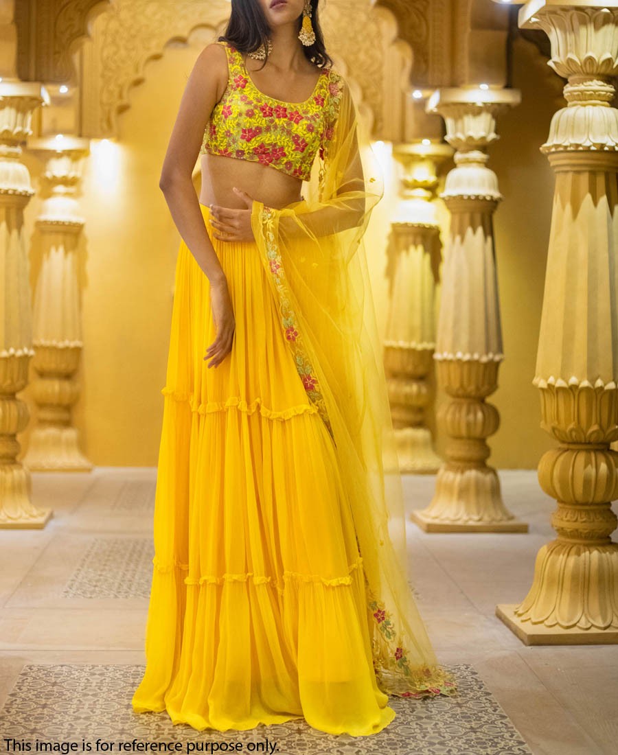 Elegant Yellow Lehenga Choli with Intricate Multi-Thread Sequence Embroidery