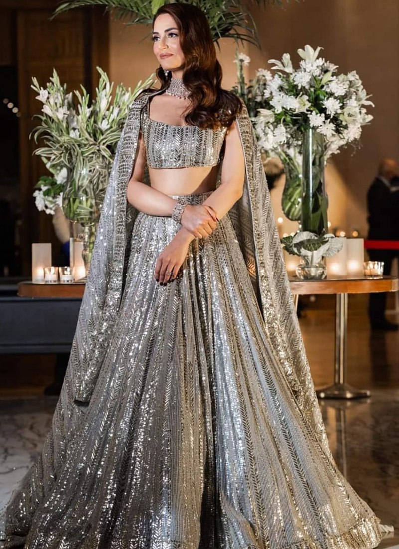 Elegant Silver Lehenga Choli with Exquisite Thread and Sequin Embroidery