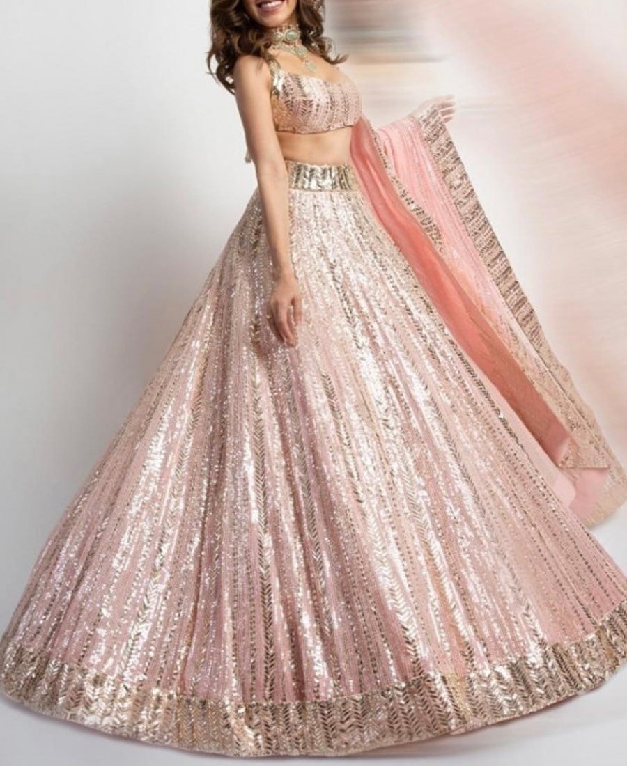 Elegant Light Pink Lehenga Choli with Intricate Thread and Sequin Embroidery on Heavy Faux Georgette