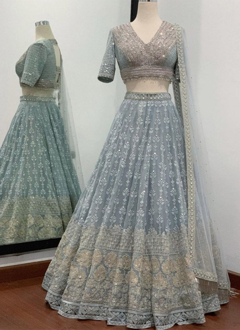 Elegant Seablue Lehenga Choli with Exquisite Thread Sequence Embroidery