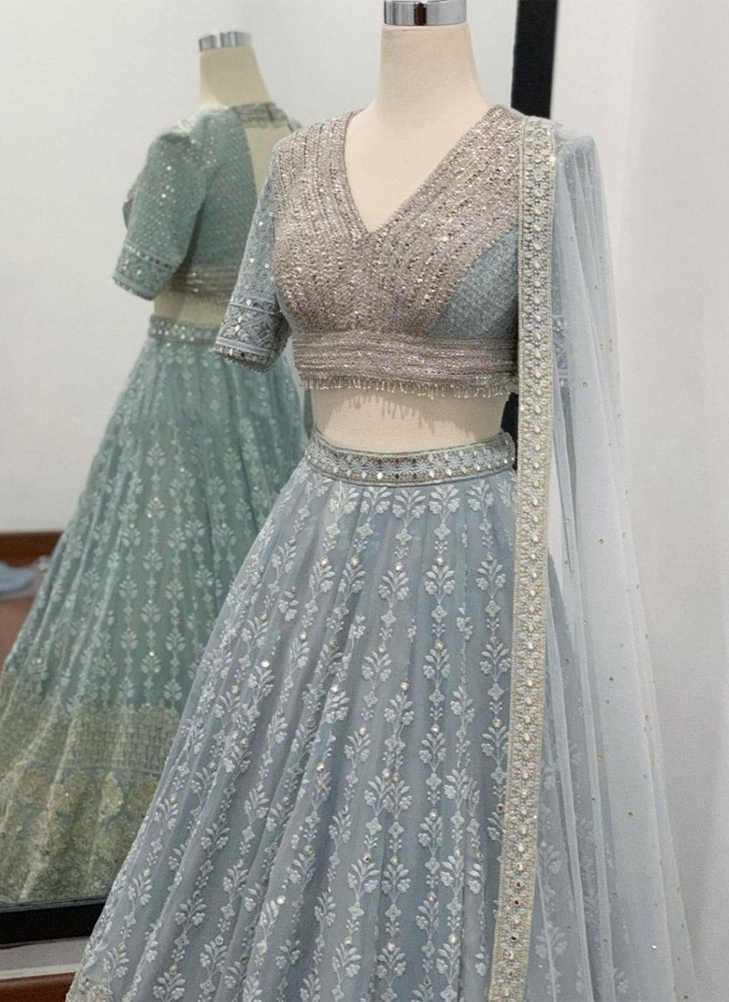 Elegant Seablue Lehenga Choli with Exquisite Thread Sequence Embroidery