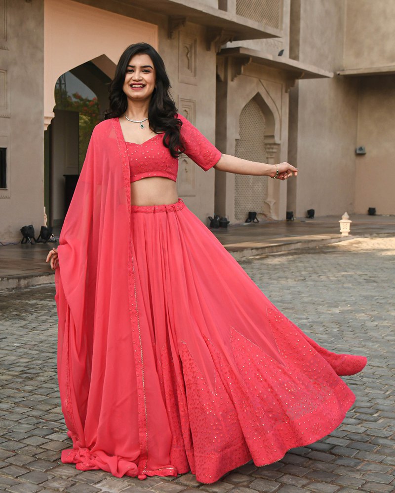 Elegant Pink Lehenga Choli with Exquisite 3mm Sequin Embroidery on Heavy Faux Georgette