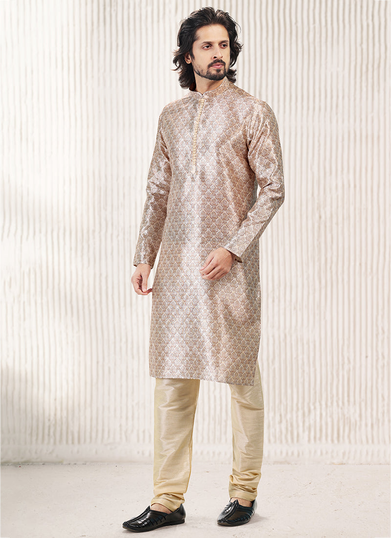 Elegant Beige Banarasi Silk Men's Kurta for Stylish Party and Wedding Attire