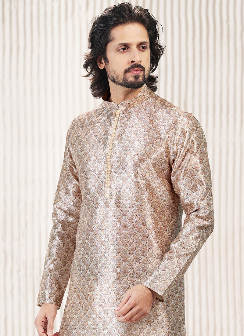 Elegant Beige Banarasi Silk Men's Kurta for Stylish Party and Wedding Attire