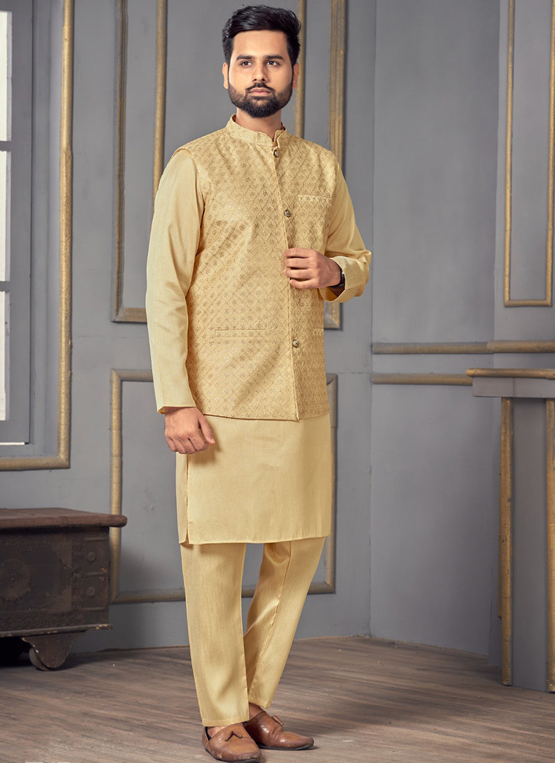 Elegant Beige Banglori Silk Men's Kurta for Stylish Parties & Weddings