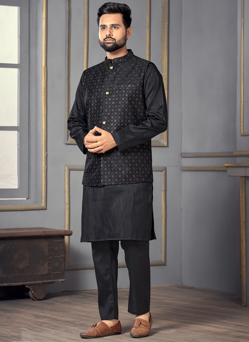 Elegant Black Banglori Silk Men's Kurta for Stylish Party & Wedding Wear