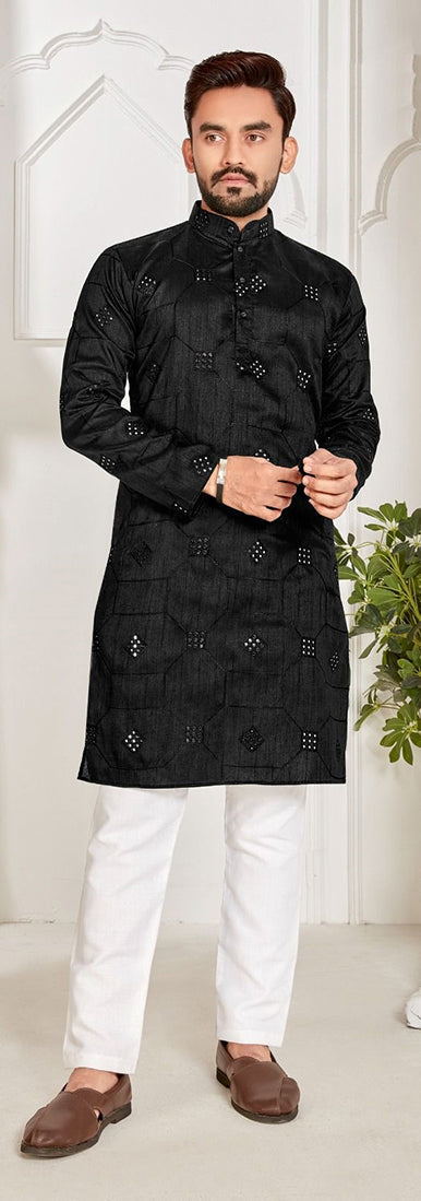 Elegant Black Cotton Slub Men's Kurta - Timeless Style and Comfort