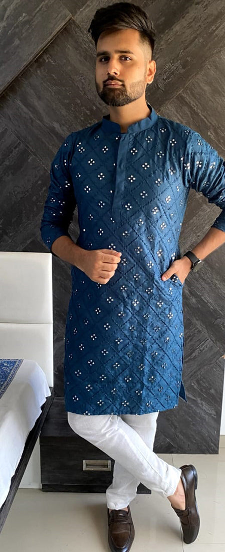 Elegant Blue Cotton Slub Men's Kurta for Stylish Party & Wedding Attire