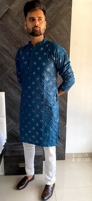 Elegant Blue Cotton Slub Men's Kurta for Stylish Party & Wedding Attire