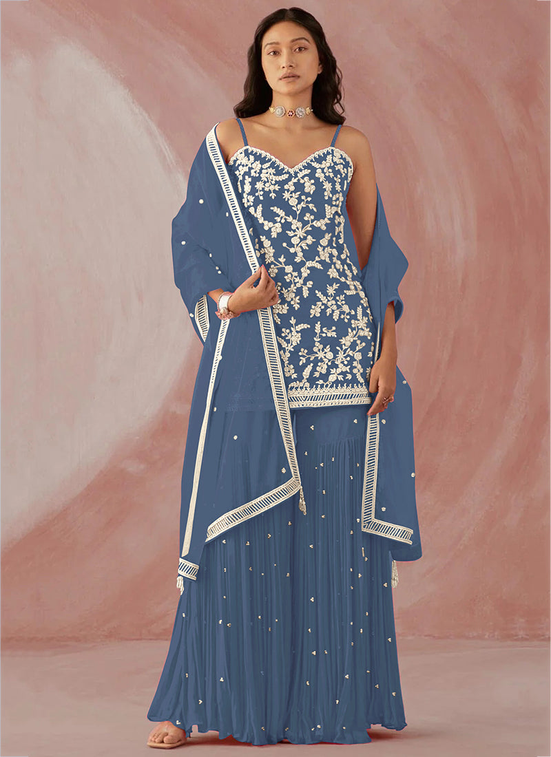 Elegant Blue Sharara Salwar Suit with Stunning Embroidery for Parties