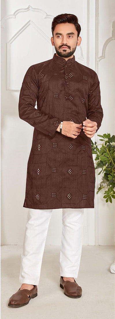 Elegant Brown Cotton Slub Men's Kurta for Stylish Party & Wedding Attire