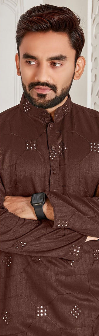 Elegant Brown Cotton Slub Men's Kurta for Stylish Party & Wedding Attire