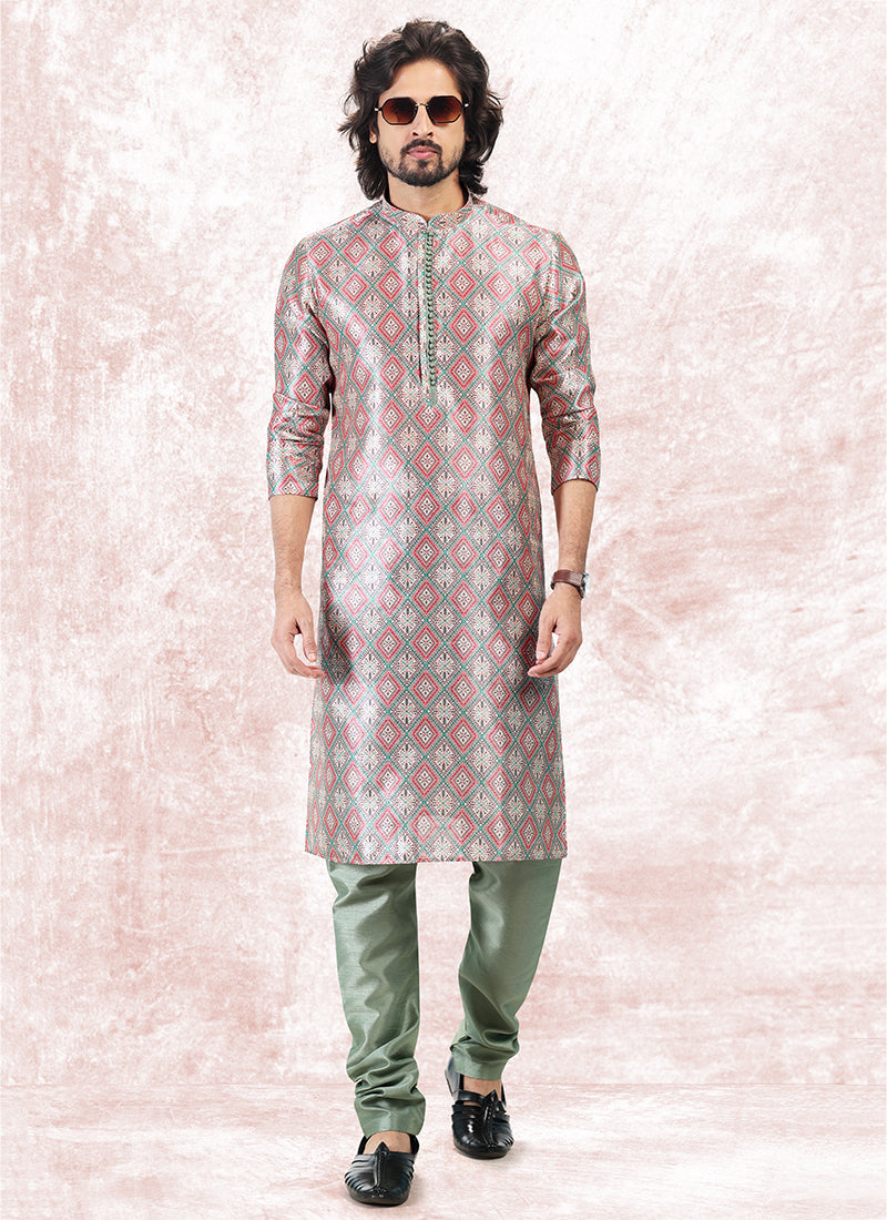 Elegant Green Banarasi Silk Men's Kurta for Stylish Party & Wedding Wear