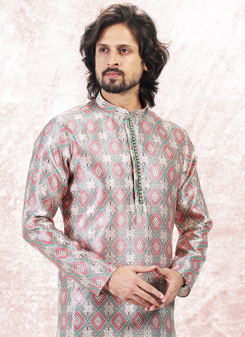 Elegant Green Banarasi Silk Men's Kurta for Stylish Party & Wedding Wear