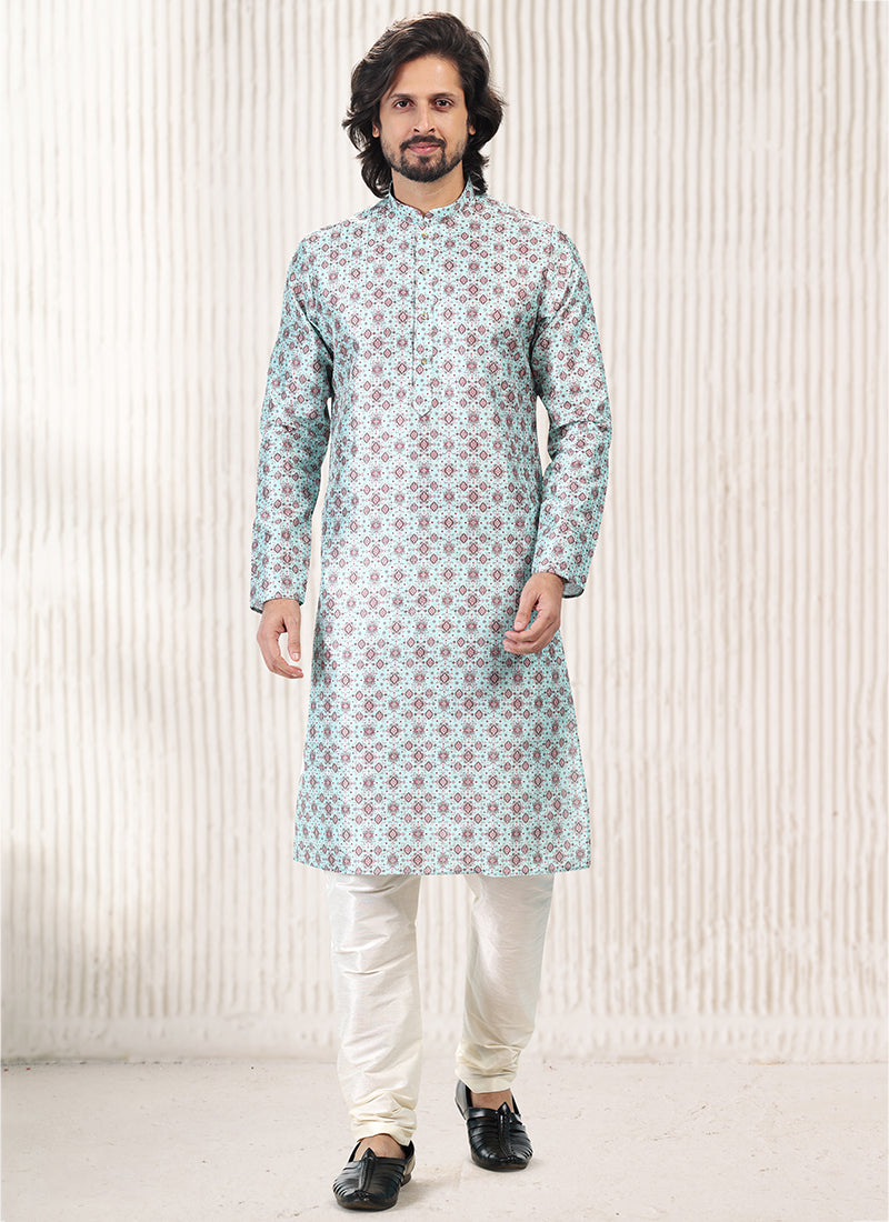 Elegant SkyBlue Banarasi Silk Men's Kurta for Parties and Weddings