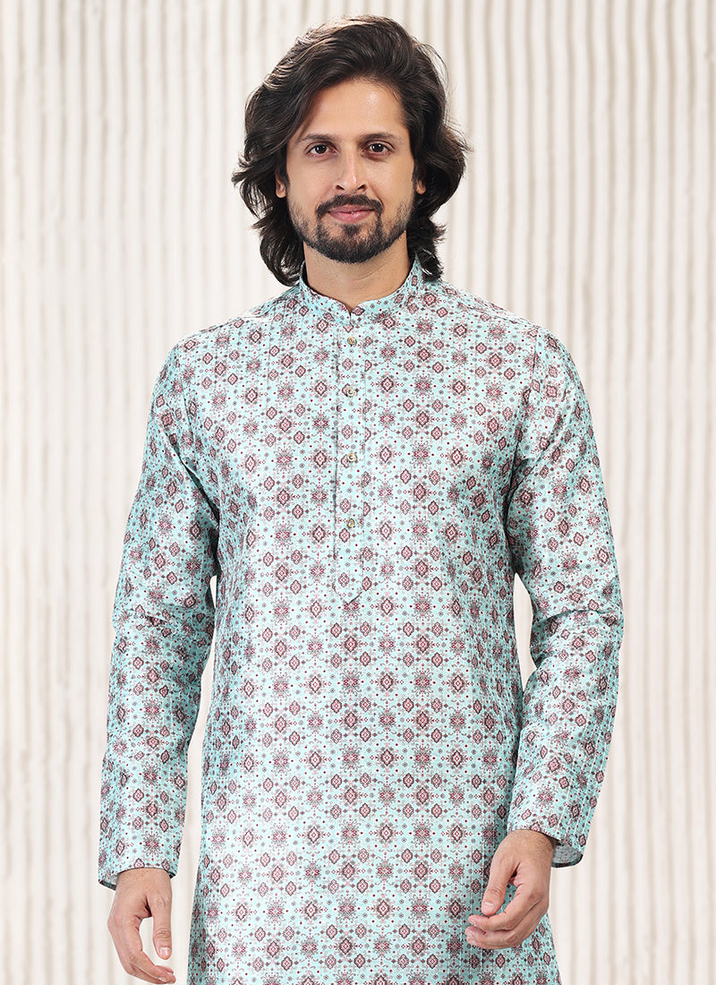 Elegant SkyBlue Banarasi Silk Men's Kurta for Parties and Weddings