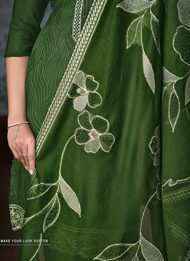 Elegant Green Chinnon Chiffon Salwar Suit with Exquisite Embroidery for Weddings & Parties