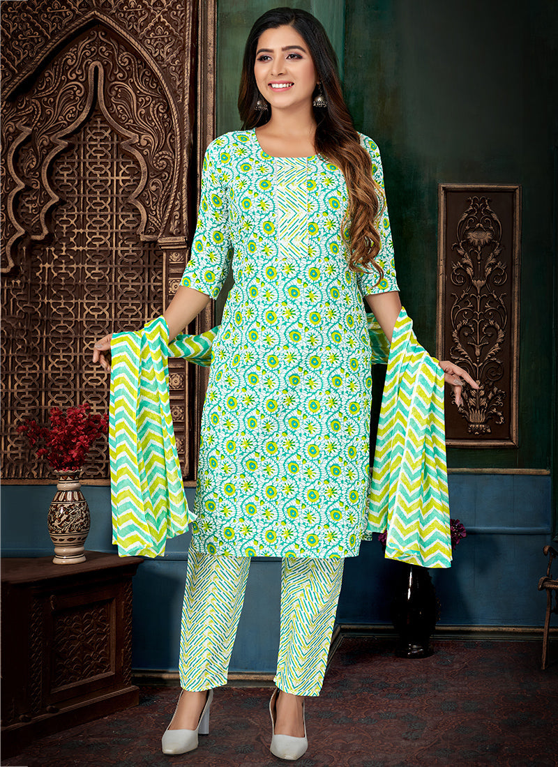 Elegant Green Salwar Suit with Printed Cotton Fabric for Weddings & Parties