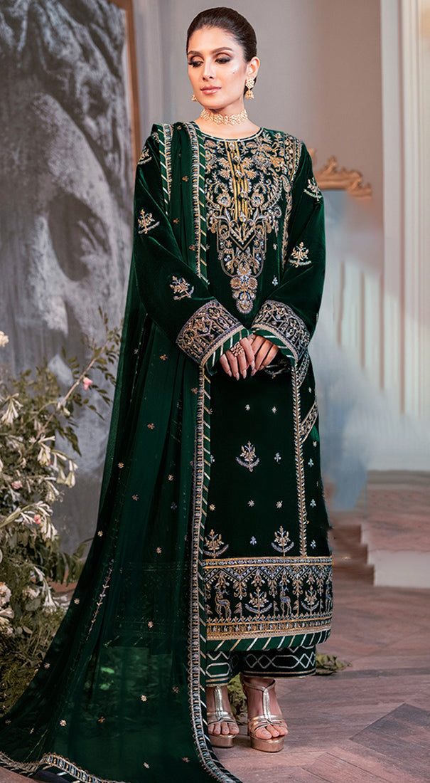 Green Velvet Embroidered Pakistani Suit for Wedding and Party Elegance