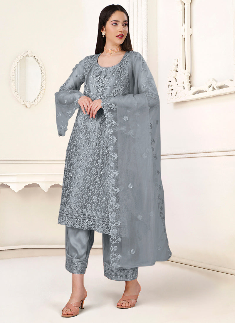 Elegant Grey Net Salwar Kameez: Perfect for Parties and Weddings