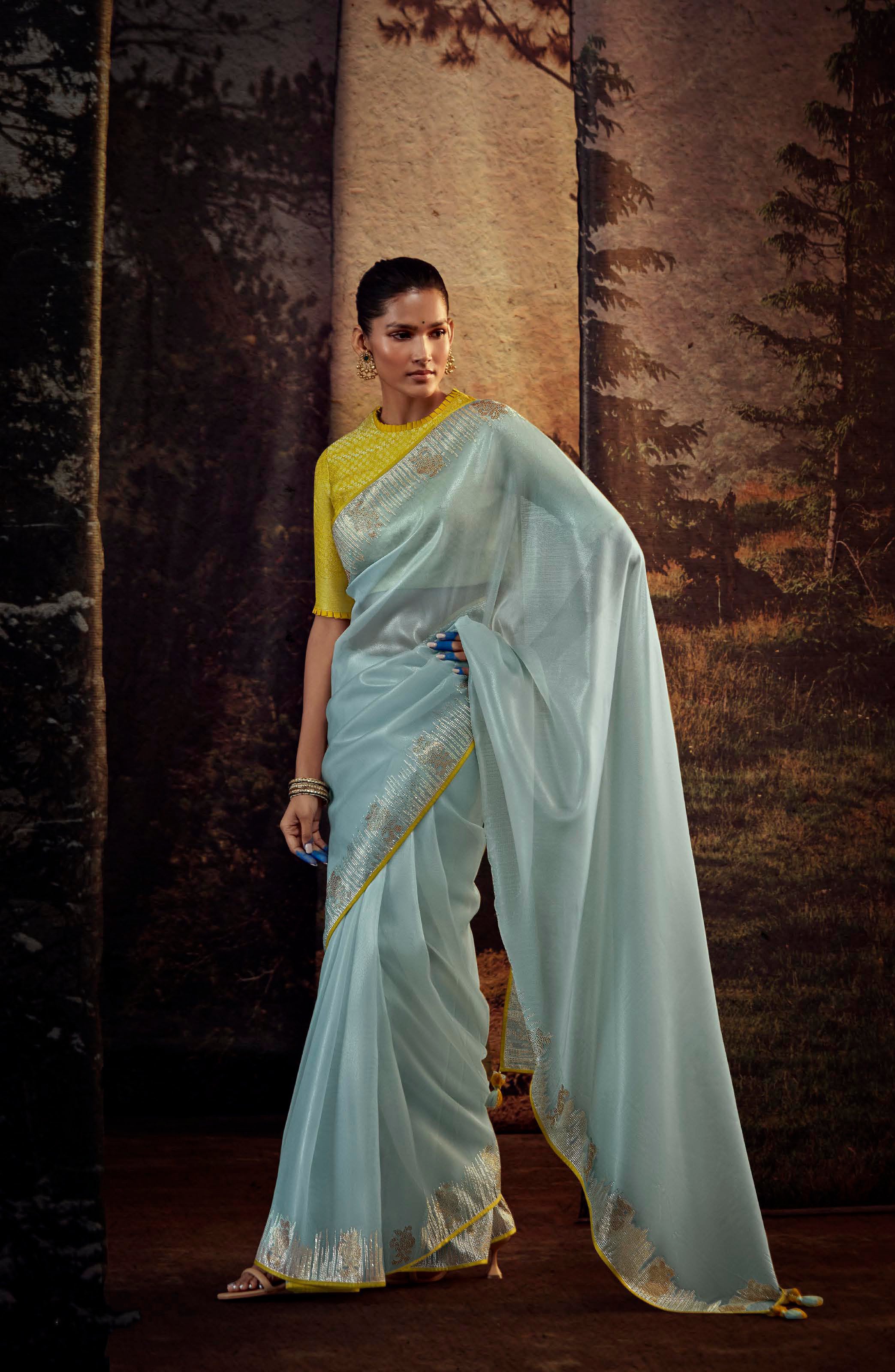 Ethereal Sky-Blue Silk Saree: Perfect Elegance for Weddings and Parties