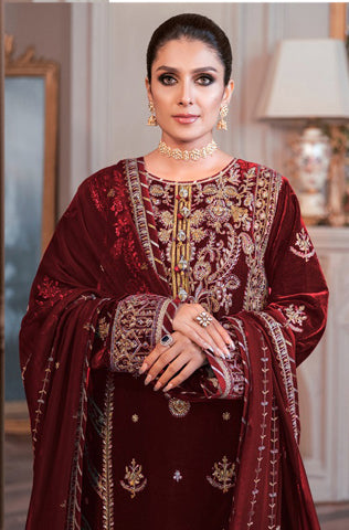 Elegant Maroon Velvet Pakistani Suit with Intricate Embroidery for Weddings & Parties