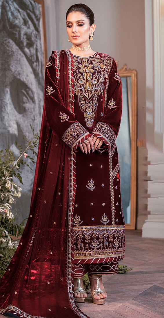 Elegant Maroon Velvet Pakistani Suit with Intricate Embroidery for Weddings & Parties