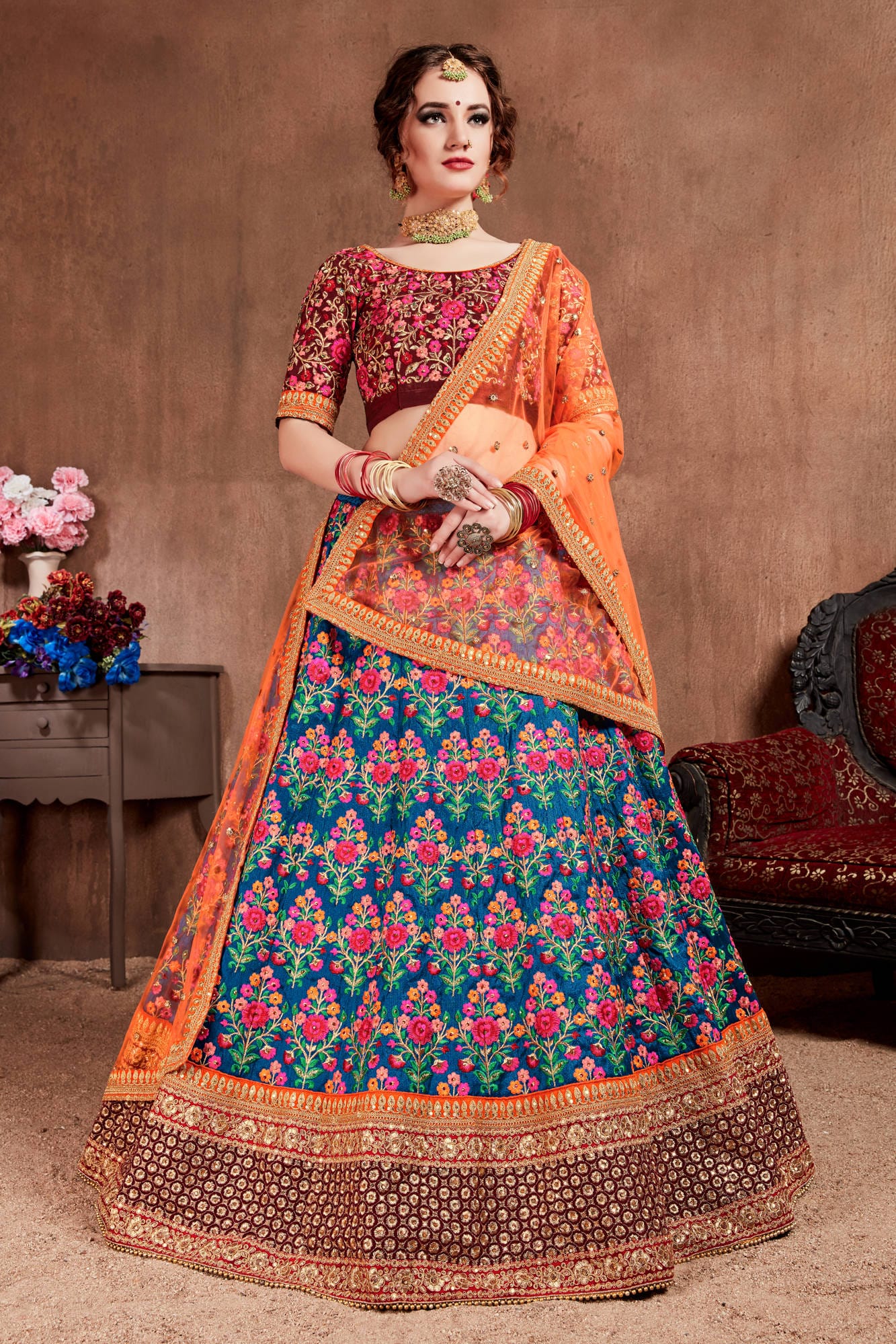 2 Tone Orange And Navy Blue Color Gown With Dupatta