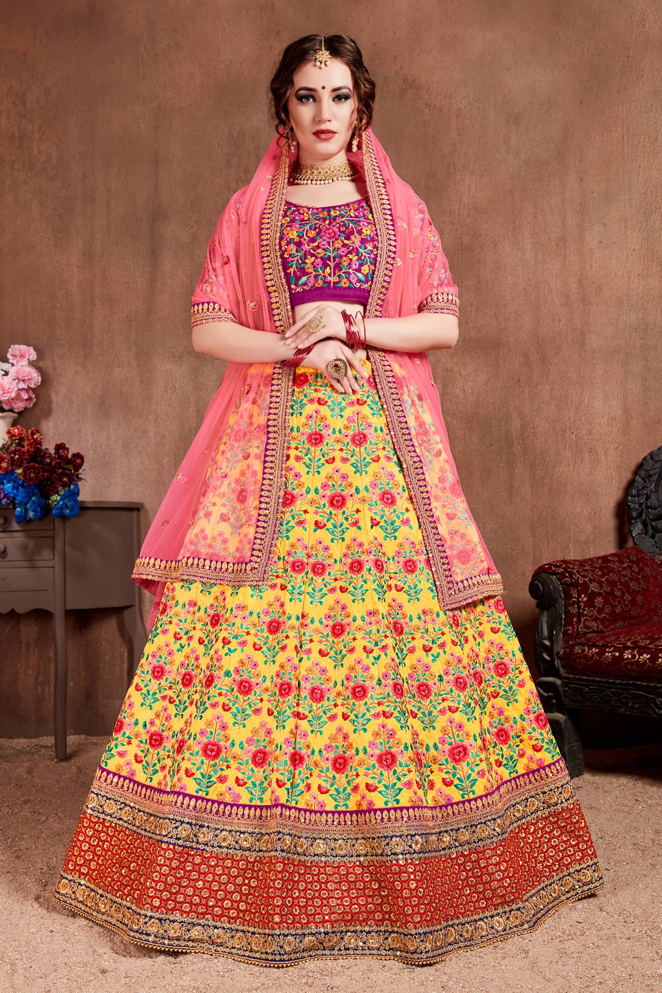 Yellow Mulberry Silk Lehenga Choli: Thread, Dori, Zari, Sequins Embroidery with Stone Work for Party & Wedding Wear