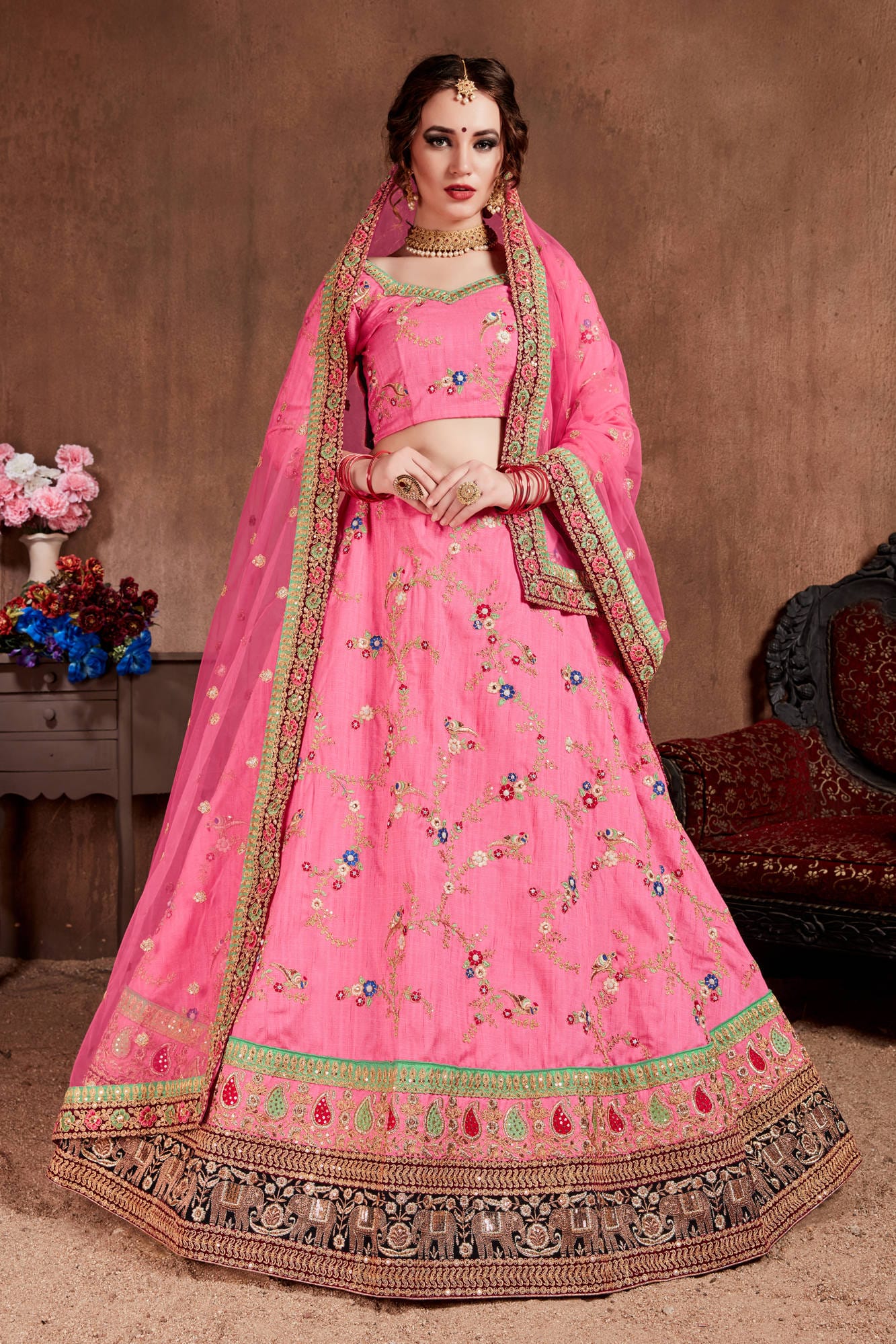 Cupcake Pink Mulberry Silk Lehenga Choli: Exquisite Thread, Dori, Zari, Sequins Embroidery with Stone Work for Party & Wedding Wear