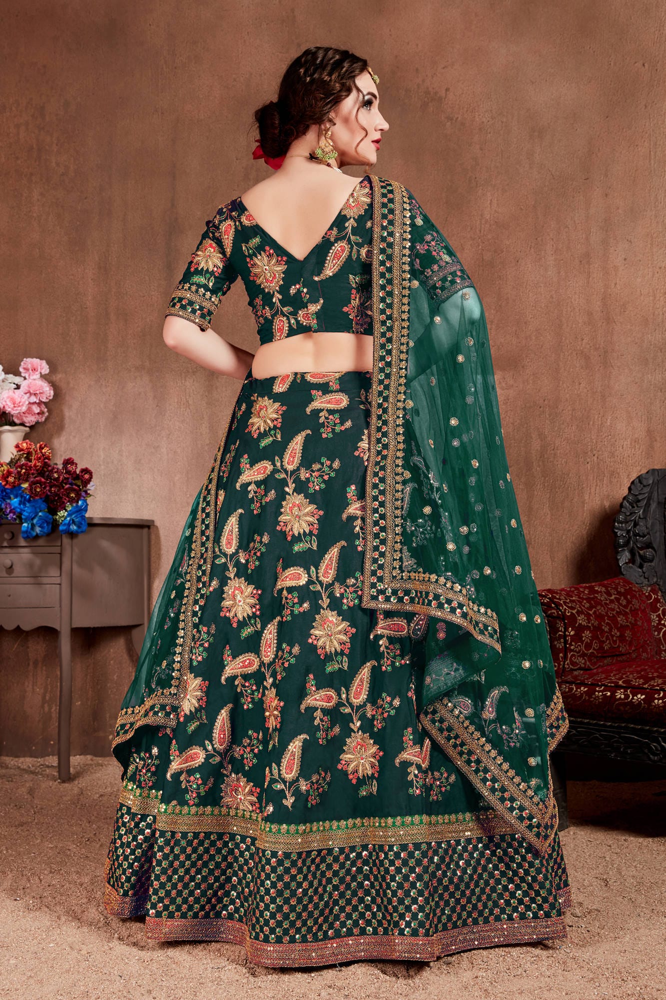 Dark Green Mulberry Silk Lehenga Choli: Exquisite Thread, Dori, Zari, Sequins Embroidery with Stone Work for Party & Wedding Wear.