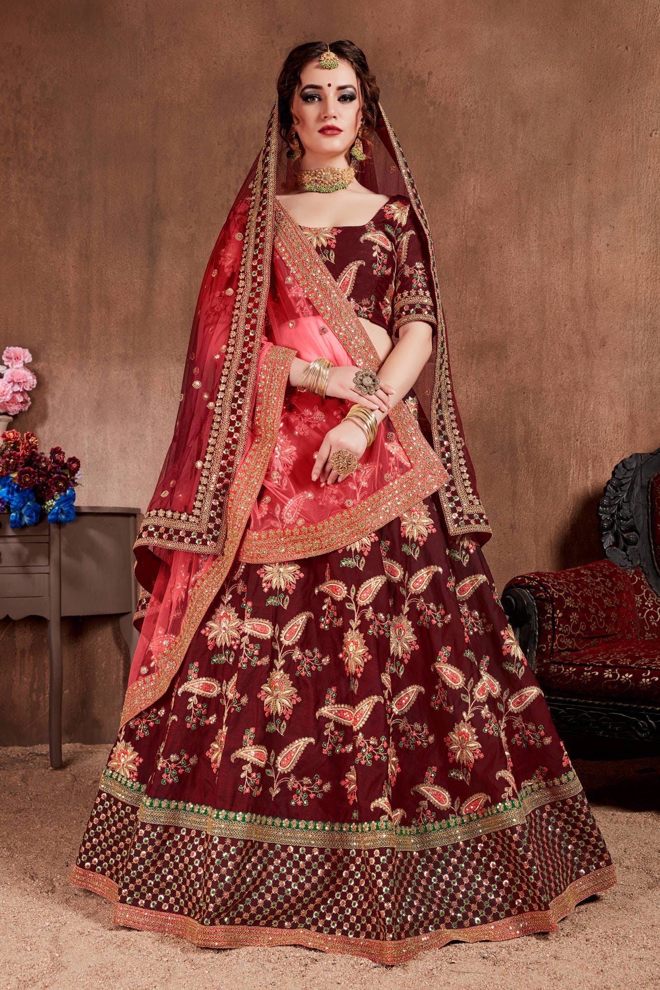 Dazzling Dark Maroon Mulberry Silk Lehenga Choli: Exquisite Thread, Dori, Zari, Sequins Embroidery with Stone Work for Party & Wedding Wear