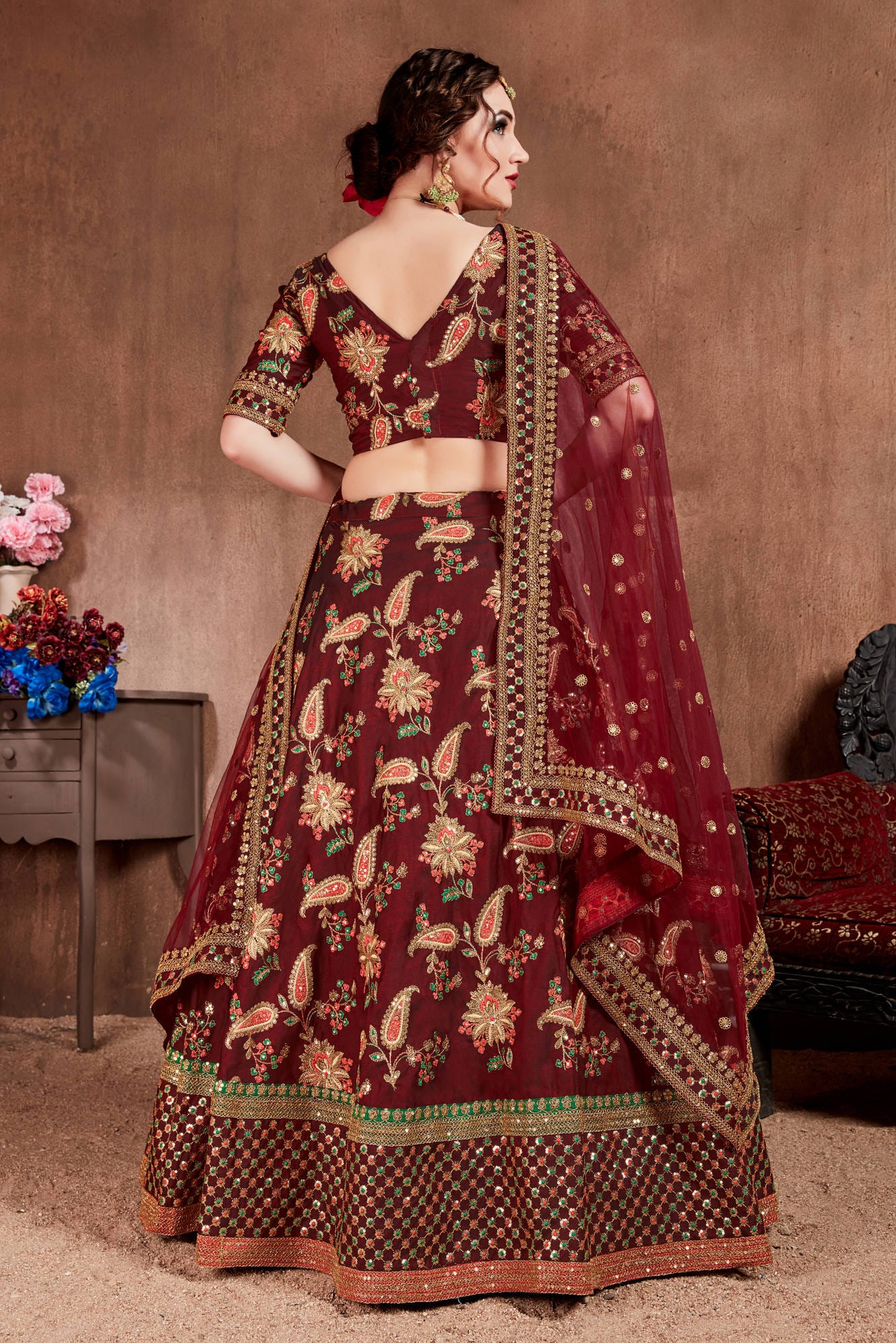 Dazzling Dark Maroon Mulberry Silk Lehenga Choli: Exquisite Thread, Dori, Zari, Sequins Embroidery with Stone Work for Party & Wedding Wear