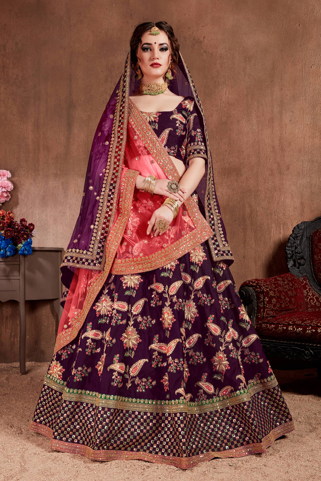 Exquisite Dark Purple Mulberry Silk Lehenga Choli: Thread, Dori, Zari, Sequins Embroidery with Stone Work for Party & Wedding Wear