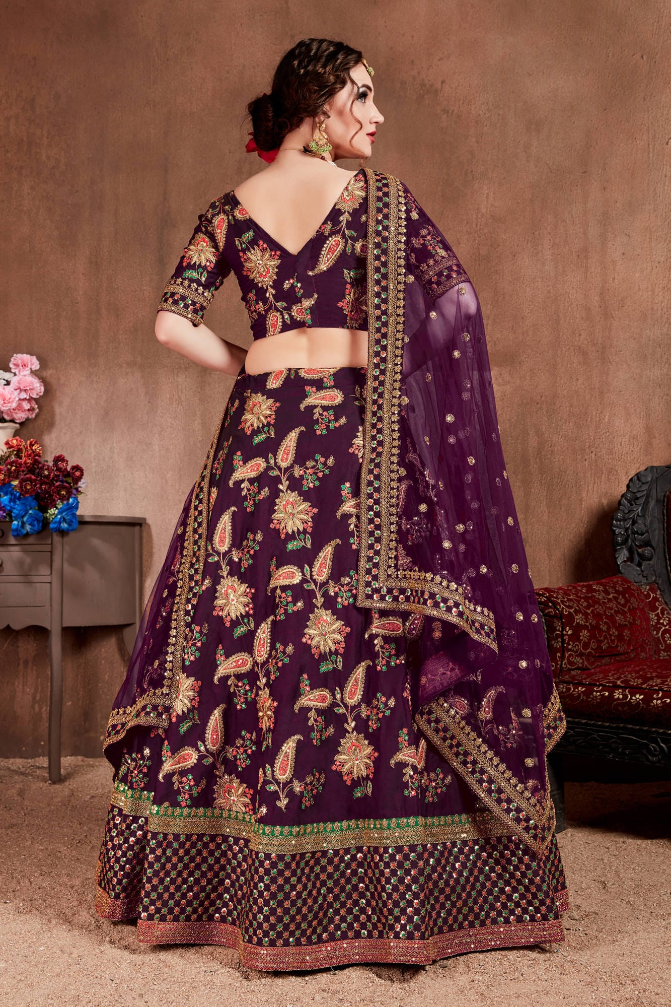 Exquisite Dark Purple Mulberry Silk Lehenga Choli: Thread, Dori, Zari, Sequins Embroidery with Stone Work for Party & Wedding Wear