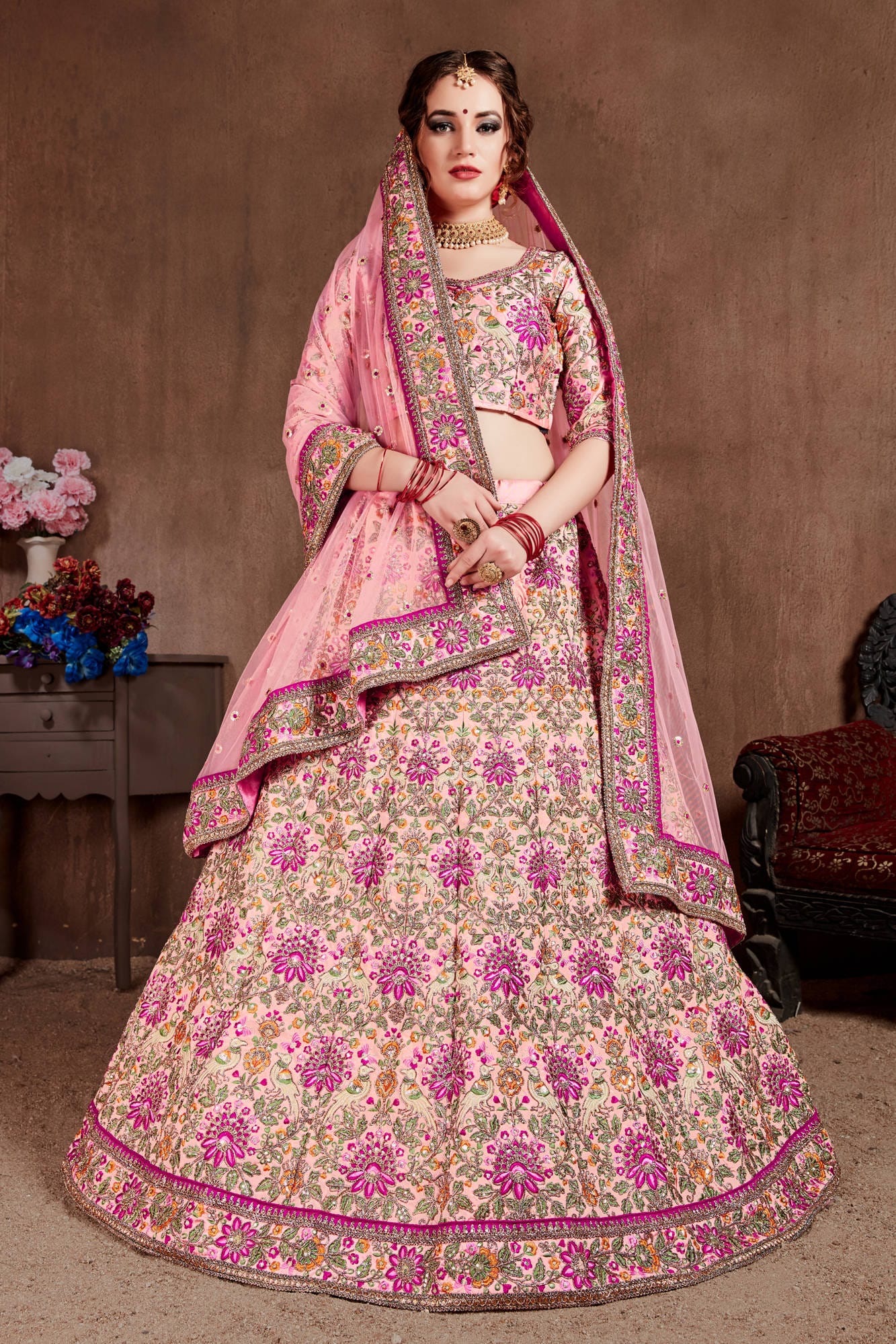 Pastel Pink Mulberry Silk Lehenga Choli: Thread, Dori, Zari, Sequins Embroidery with Stone Work for Party & Wedding Wear