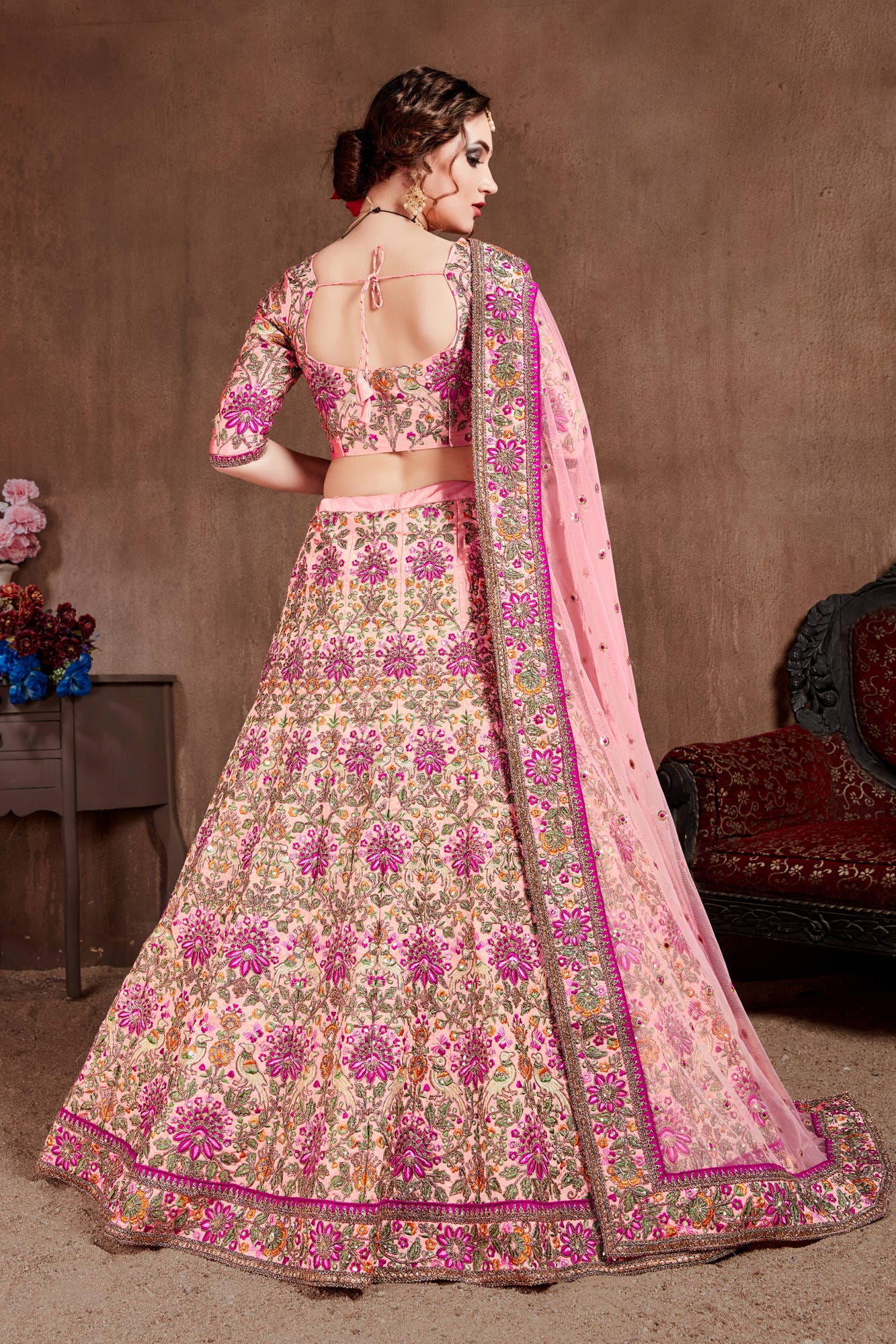 Pastel Pink Mulberry Silk Lehenga Choli: Thread, Dori, Zari, Sequins Embroidery with Stone Work for Party & Wedding Wear