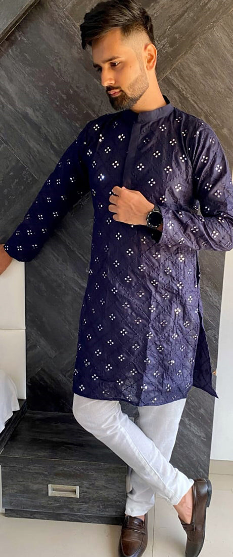 Navy Blue Cotton Slub Men's Kurta: Perfect for Parties and Weddings