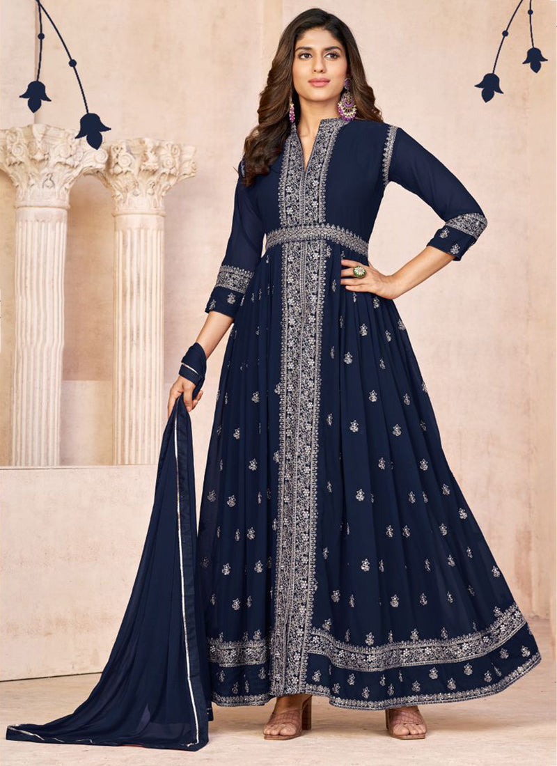 Elegant Navy Blue Soft Silk Salwar Suits: Perfect for Weddings and Parties