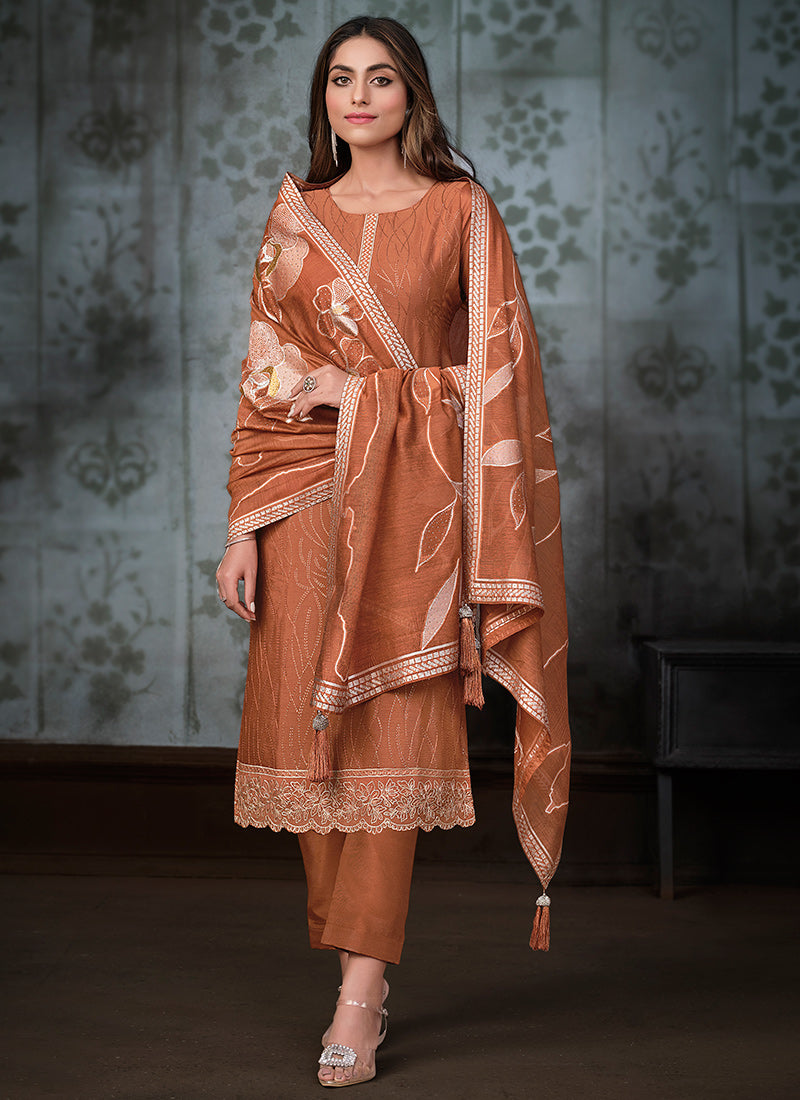 Elegant Orange Chinnon Chiffon Salwar Suit with Exquisite Embroidery for Weddings & Parties