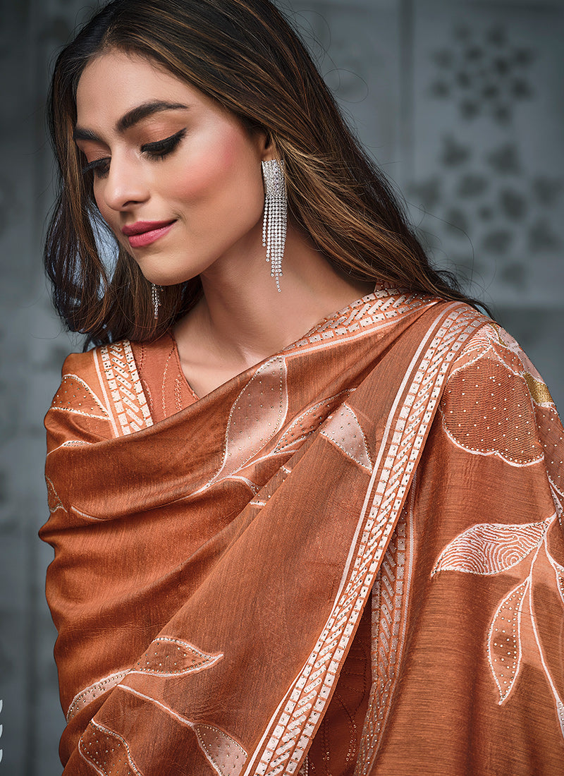 Elegant Orange Chinnon Chiffon Salwar Suit with Exquisite Embroidery for Weddings & Parties