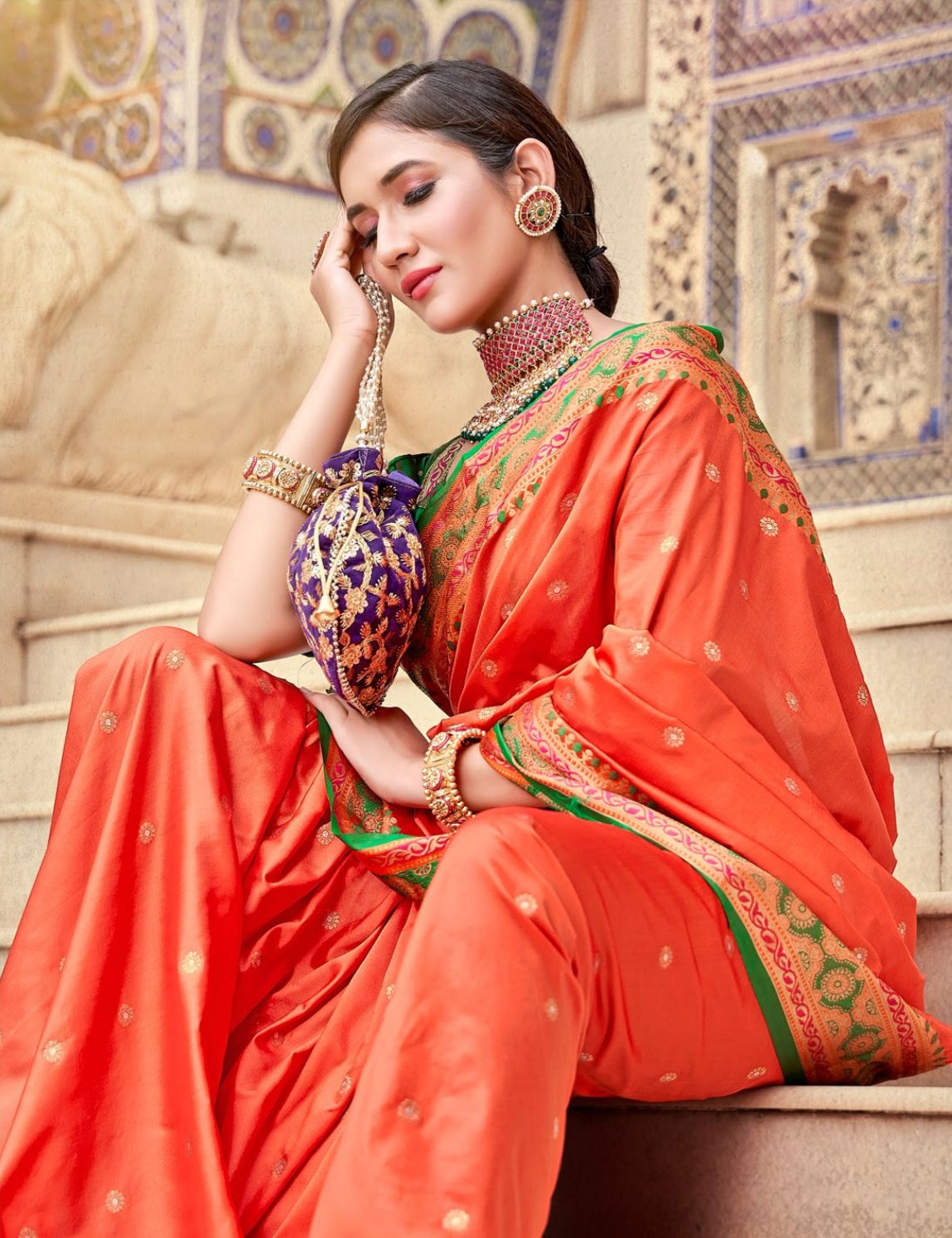 Buy Orange Silk Saree Golden Floral Work Border Online | trendwati