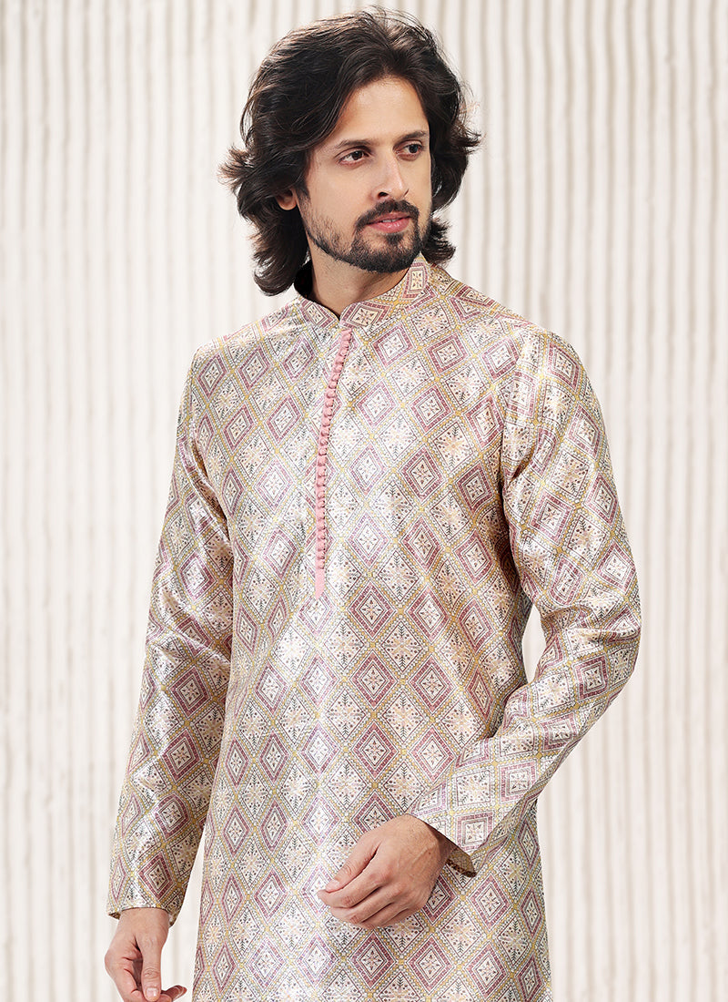 Peach Banarasi Silk Men's Kurta: Perfect for Party and Wedding Elegance