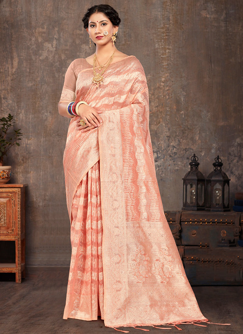 Elegant Peach Bliss: Luxurious Soft Silk Saree for Weddings and Parties