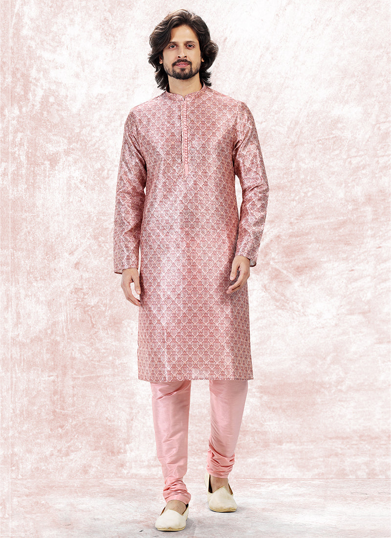 Elegant Pink Banarasi Silk Men's Kurta for Stylish Parties and Weddings